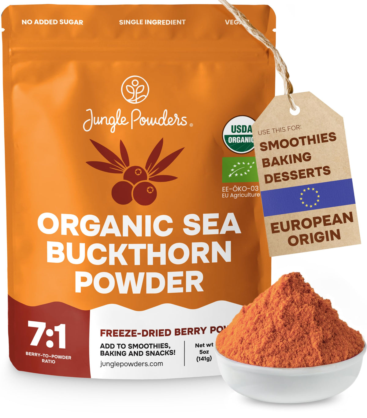 Jungle Powders Sea Buckthorn Powder Bag shows organic freeze-dried berries ideal for smoothies.