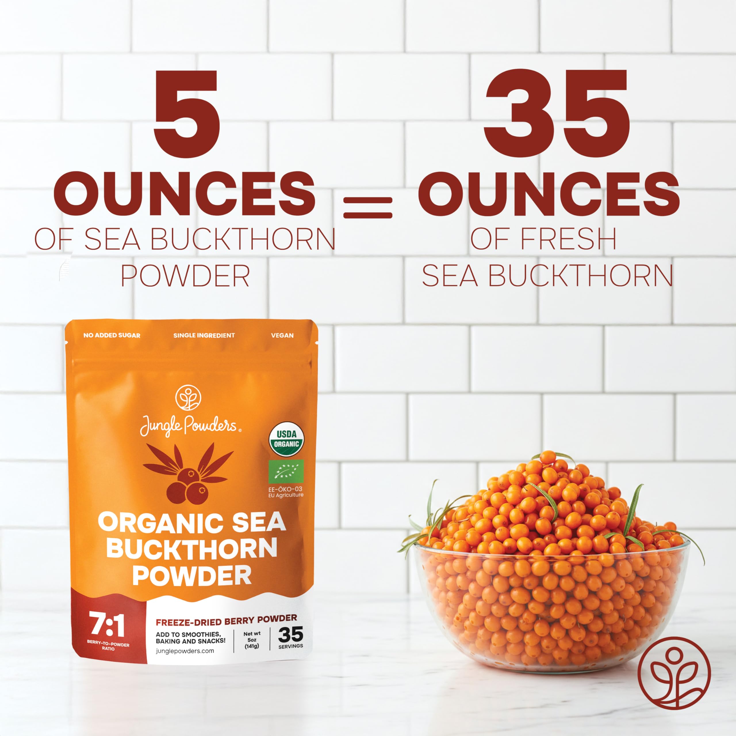 Jungle Powders Sea Buckthorn Powder Smoothie highlights tangy flavor and vitamin C boost.