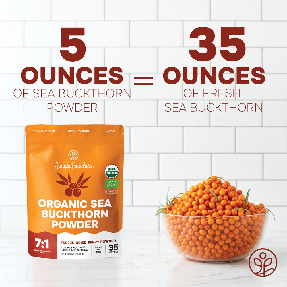 Jungle Powders Sea Buckthorn Powder Smoothie highlights tangy flavor and vitamin C boost.