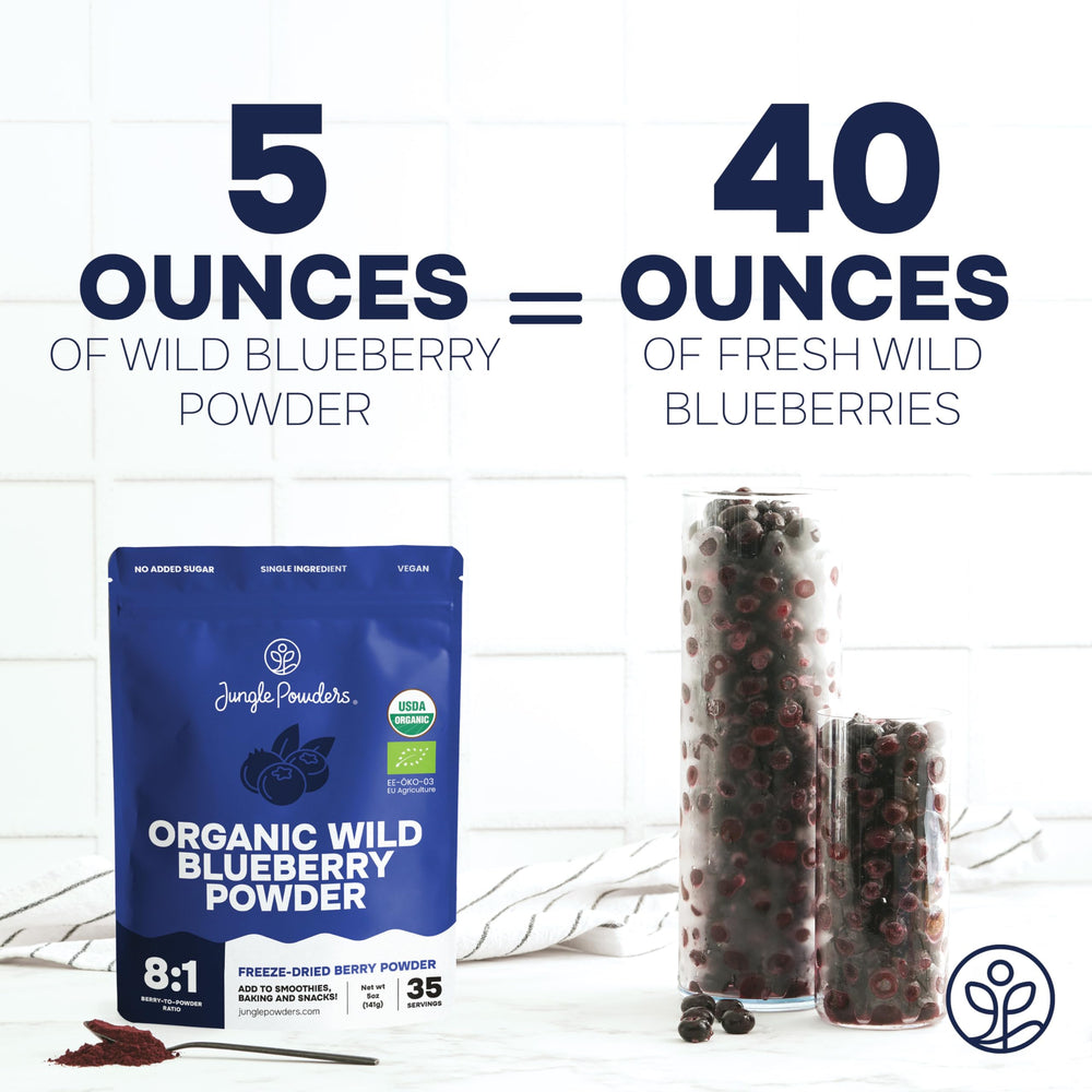 Jungle Powders smoothie with wild blueberry powder demonstrates easy use.
