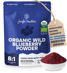Jungle Powders Wild Blueberry Powder bag for vibrant smoothies and baking.