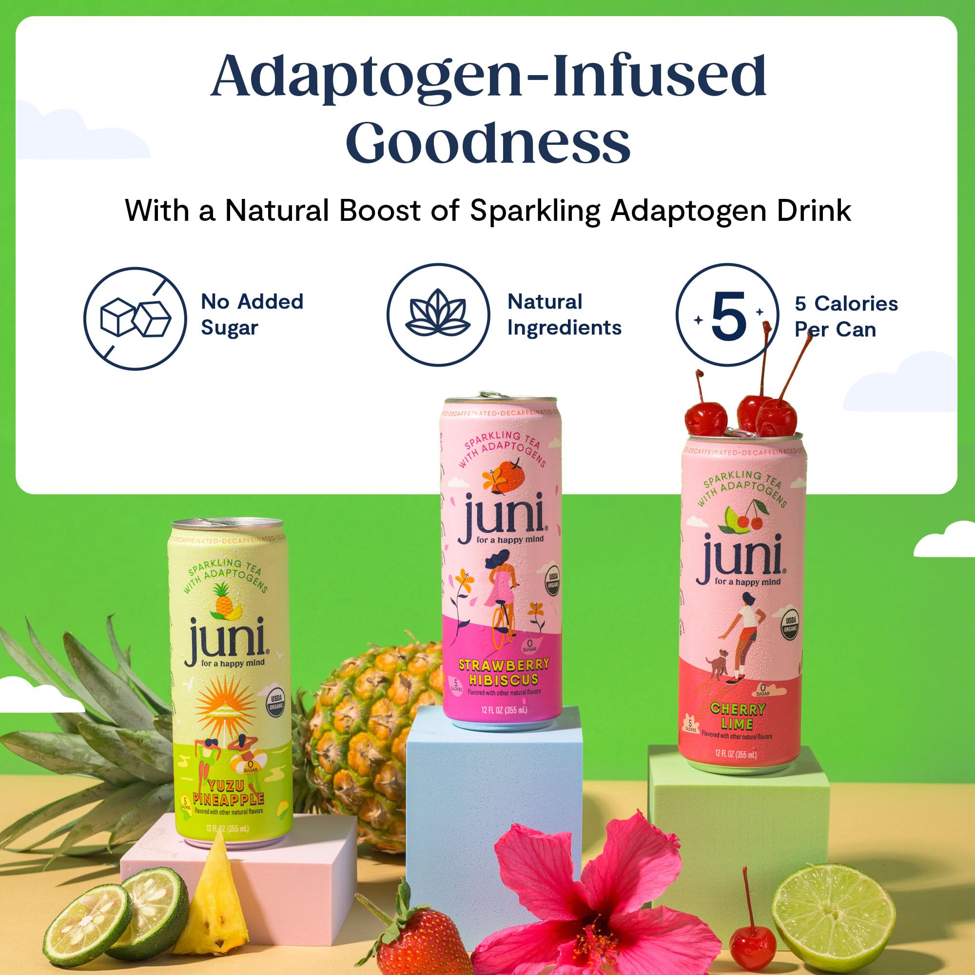 JUNI bottle label featuring ashwagandha and lion’s mane for wellness notes