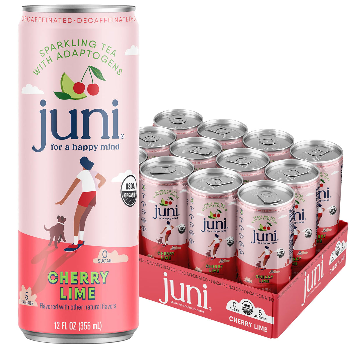 JUNI sparkling adaptogen bottle label with focus cue and refreshing design