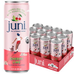 JUNI sparkling adaptogen bottle label with focus cue and refreshing design