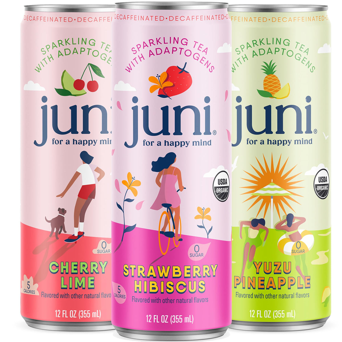JUNI sparkling adaptogen drink bottle pour with ashwagandha and mushrooms for focus
