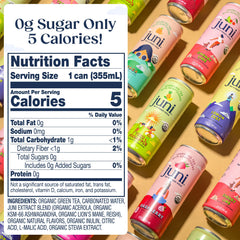 JUNI sparkling adaptogen drink can close-up, zero sugar per serving