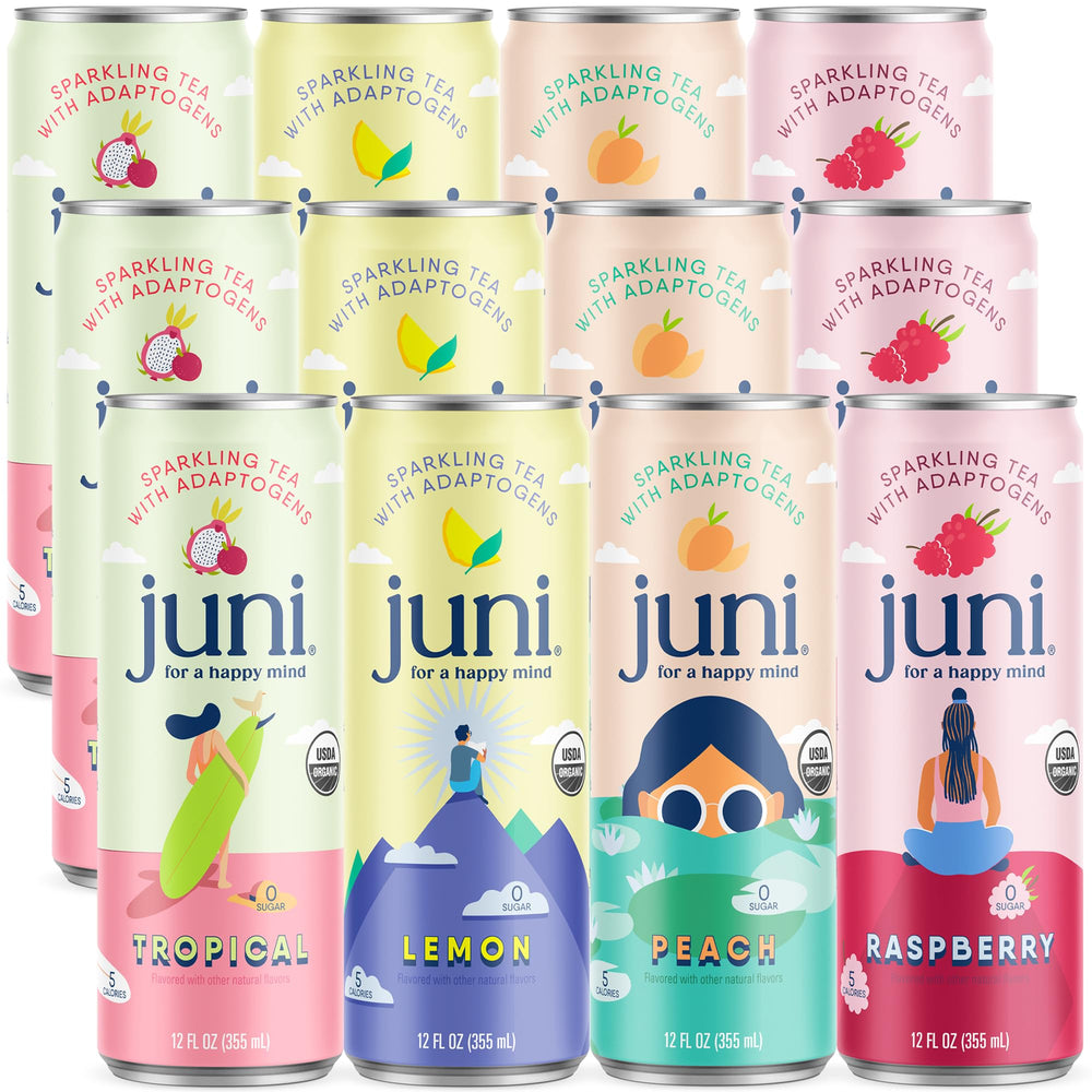 JUNI Raspberry can—sparkling adaptogen drink for focus and calm energy.