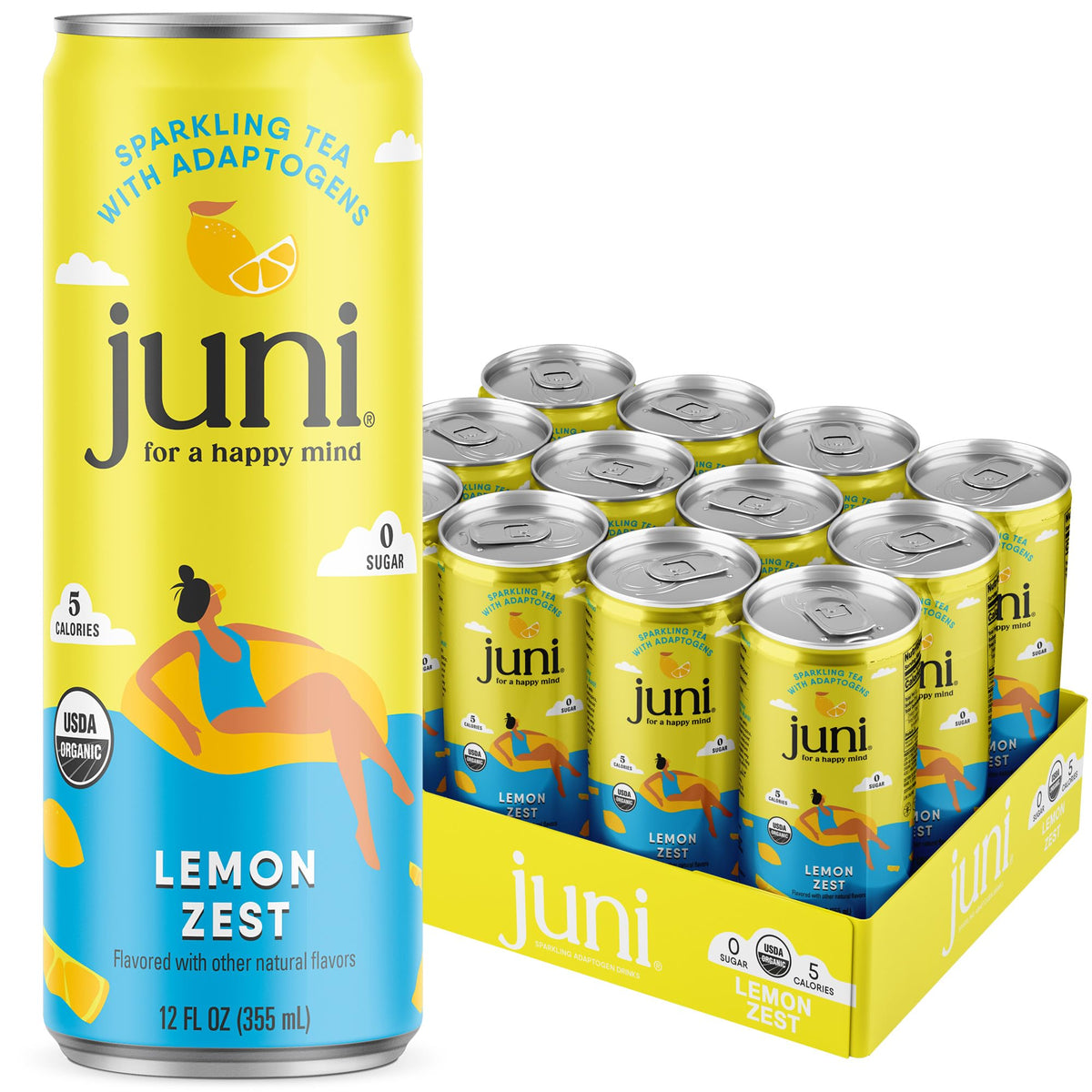 JUNI Sparkling Adaptogen Lemon bottle front for focused, refreshing experience