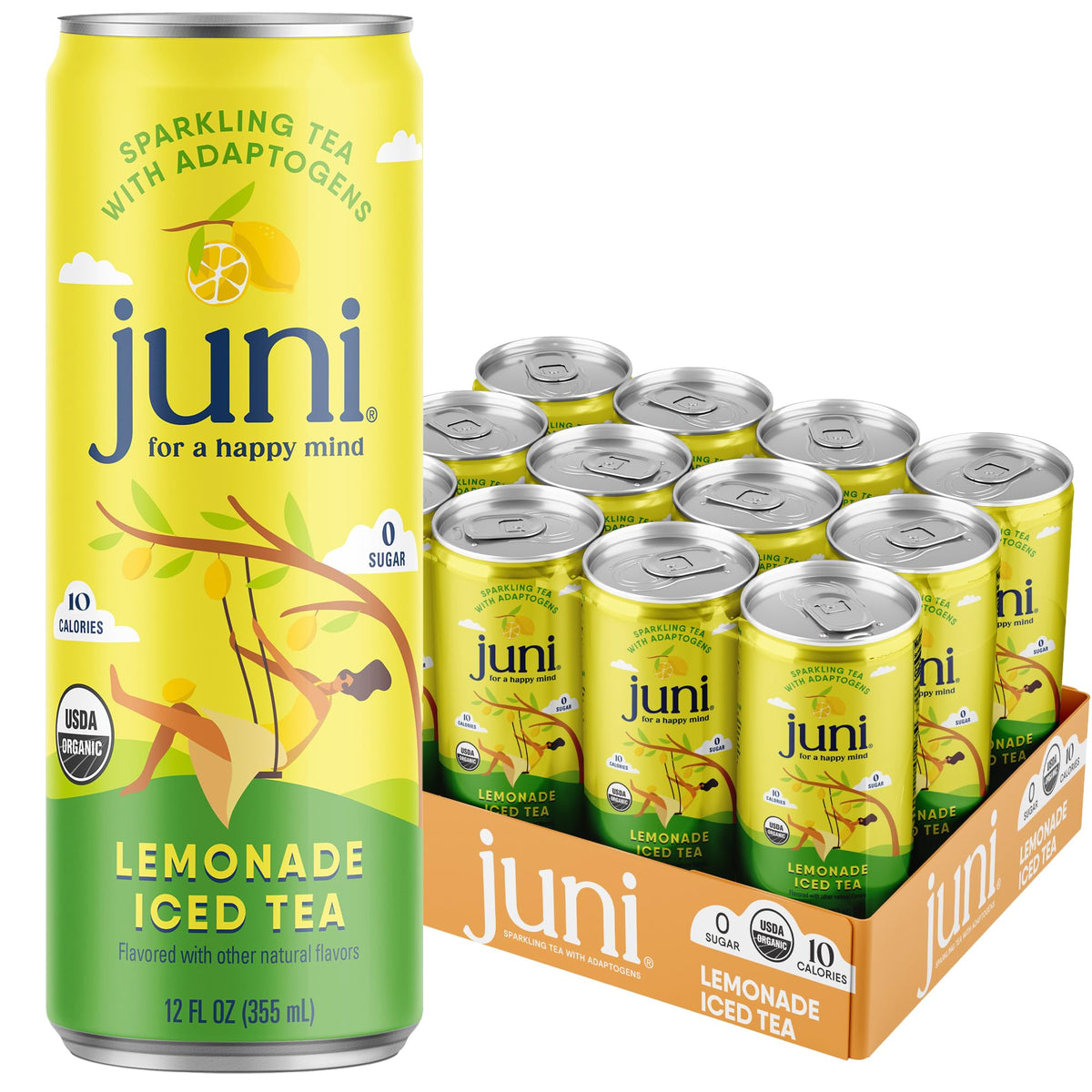 JUNI sparkling drink ashwagandha-lemonade-iced-tea can for focused daytime refreshment.