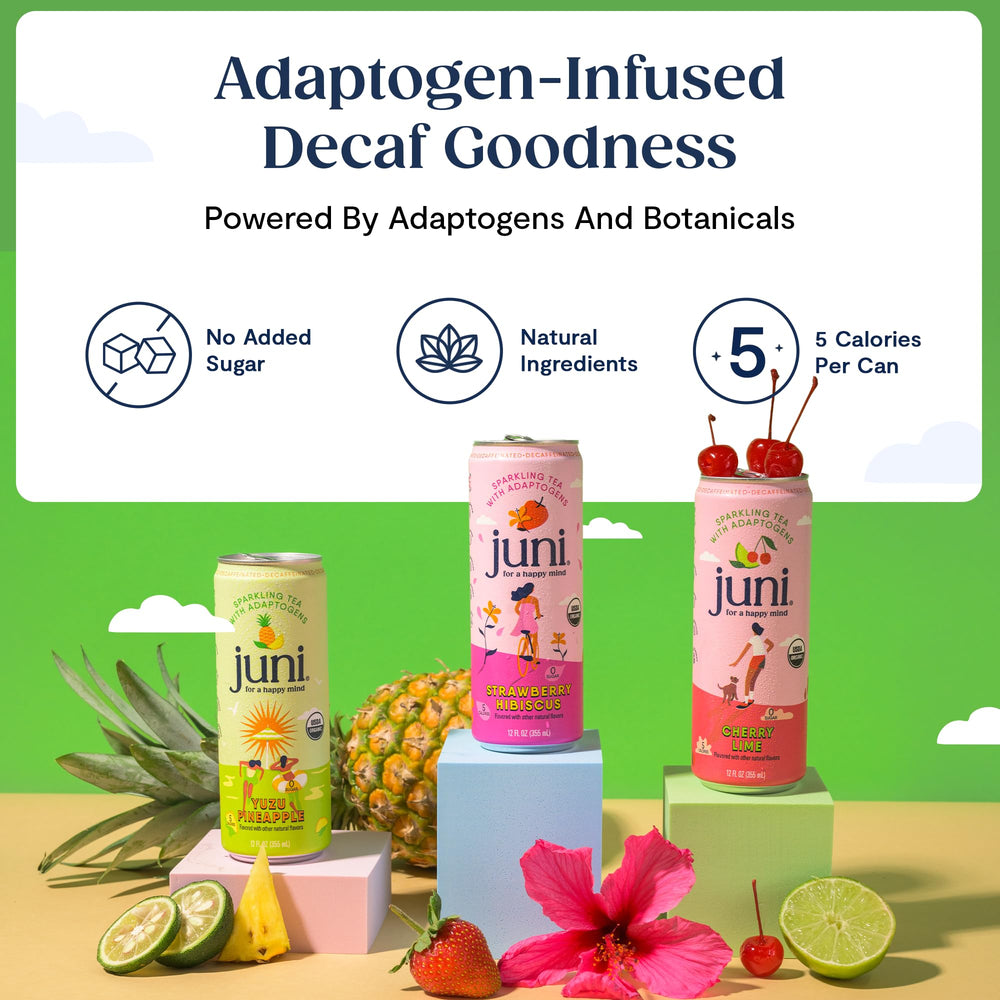 JUNI bottle with adaptogen blend for calmer focus and mood support.
