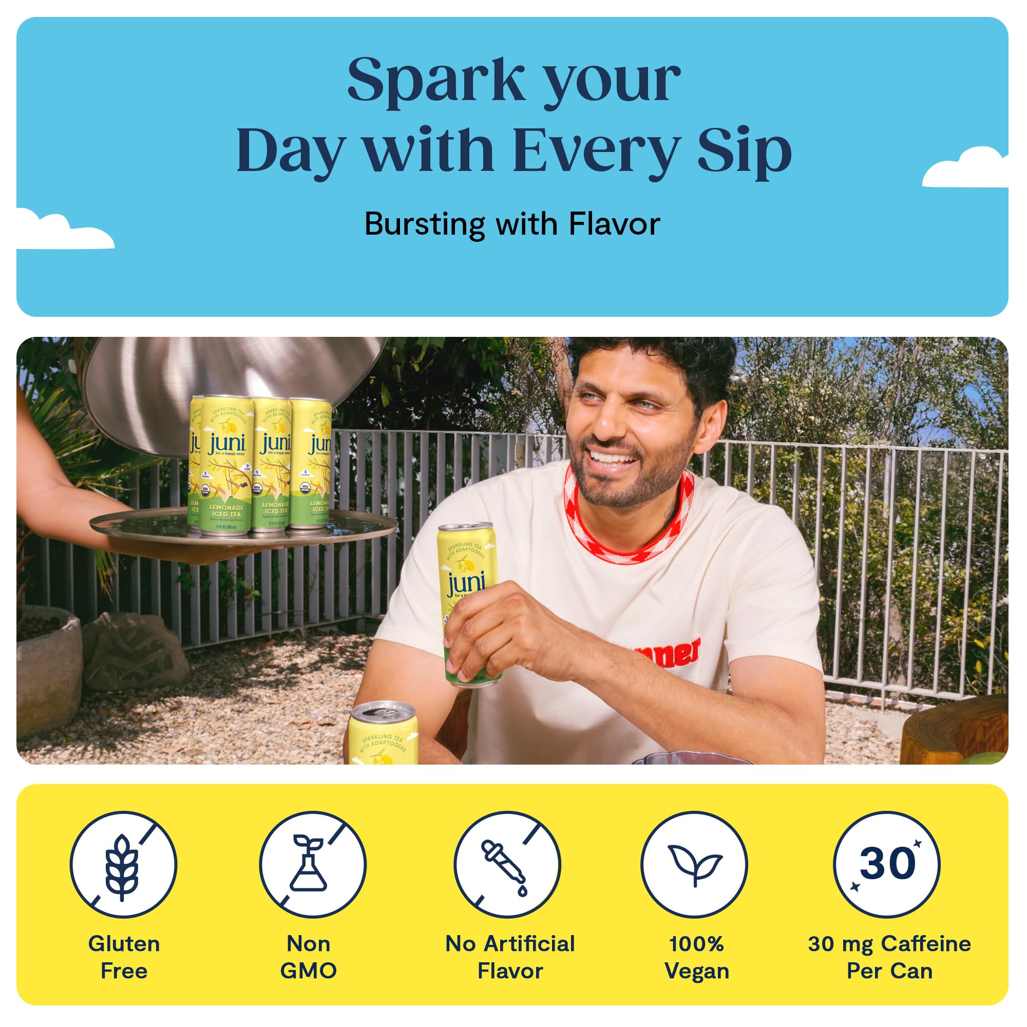 JUNI sparkling drink reishi-mushroom calm can for soothing unwind after activity.