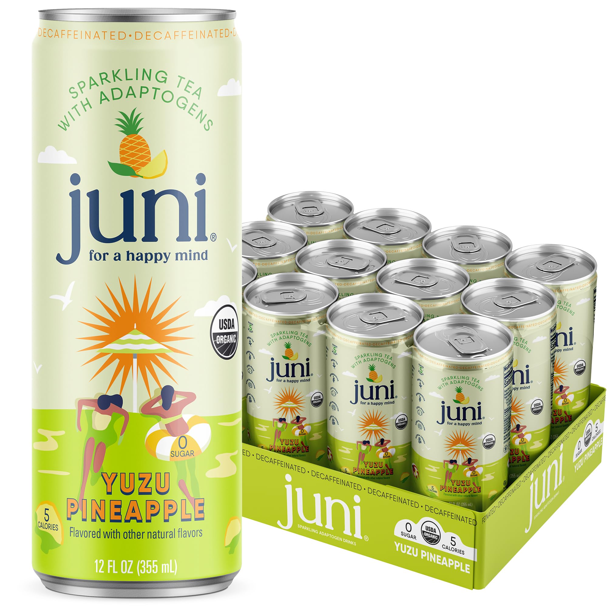 JUNI Sparkling Yuzu Pineapple can front, refreshing focus-friendly drink.