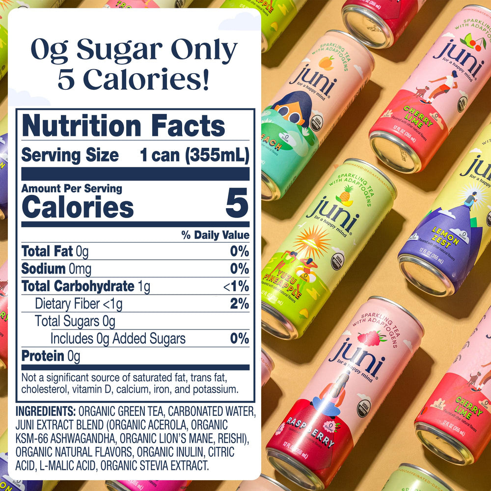 JUNI Raspberry Sparkling Drink label closeup highlighting USDA Organic and vegan ingredients.