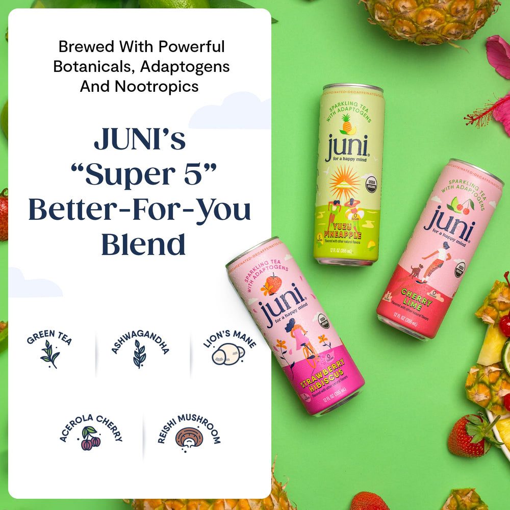 JUNI Strawberry Hibiscus flavor can, vibrant color for a mocktail base