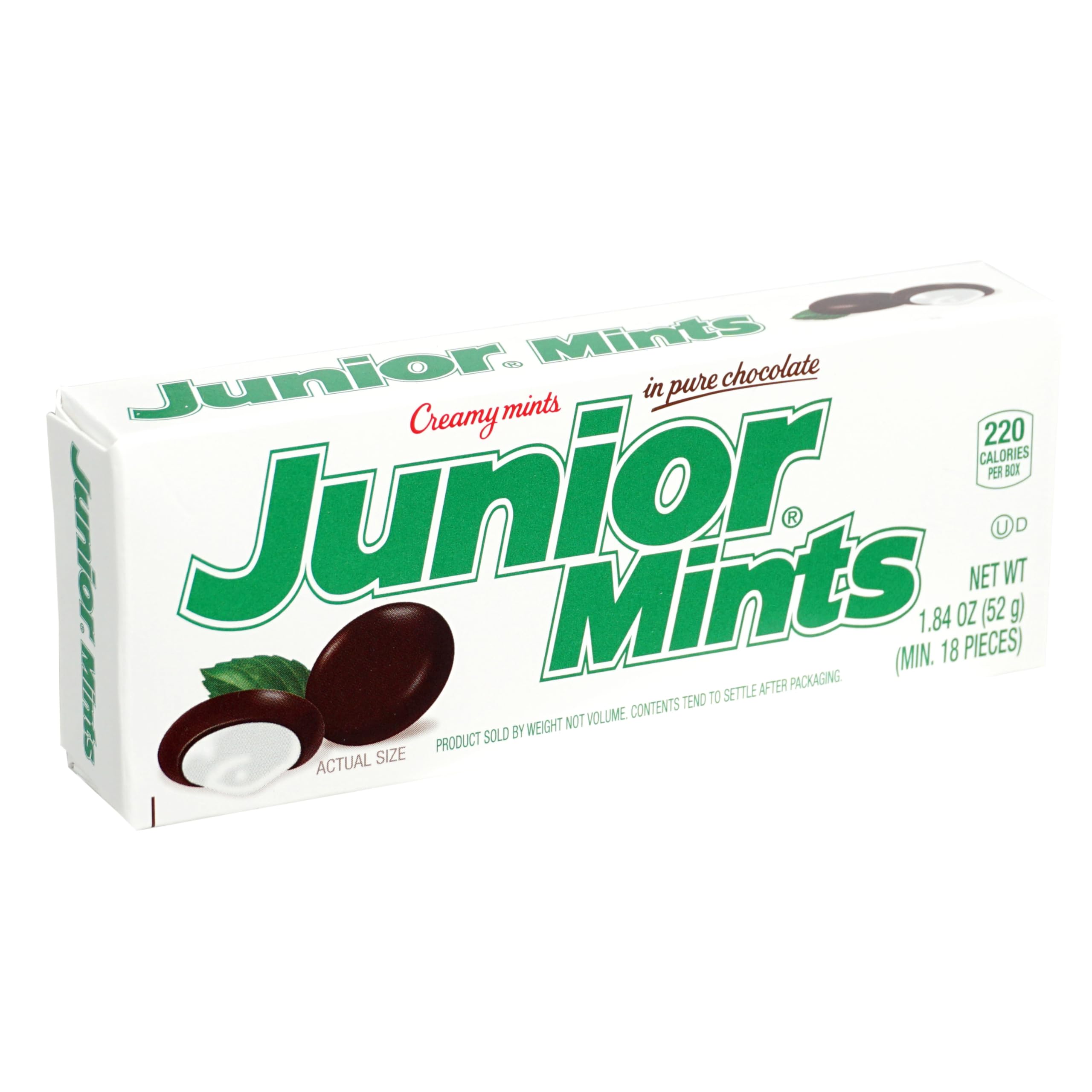 Junior Mints box label close-up, highlighting convenient packaging for quick snacking.