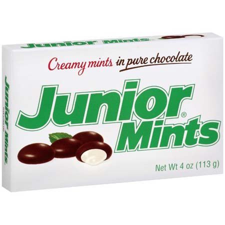 Junior Mints with dark chocolate coating and mint filling, ideal after meals