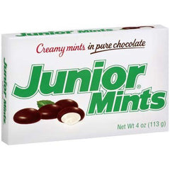 Junior Mints with dark chocolate coating and mint filling, ideal after meals