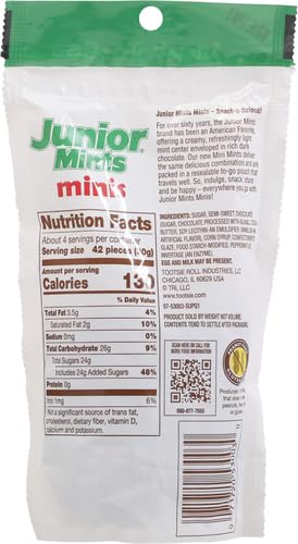 Junior Mints Minis dark chocolate shell close-up highlights rich coating.
