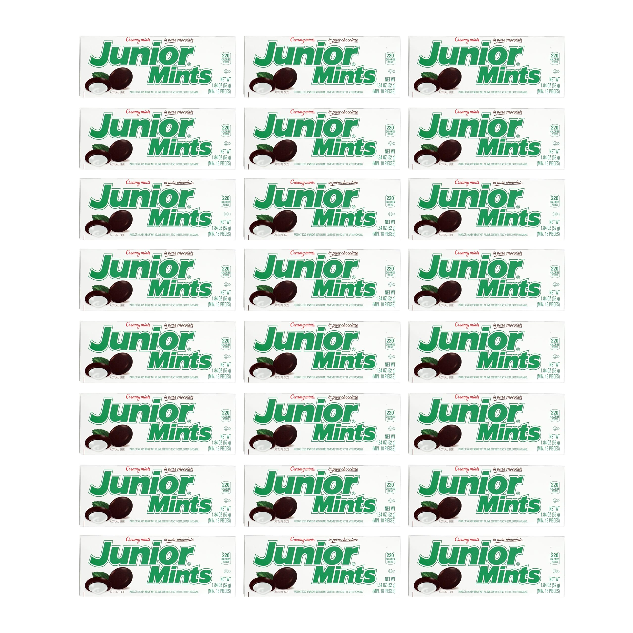 Junior Mints mint centers coated in dark chocolate for a refreshing treat.