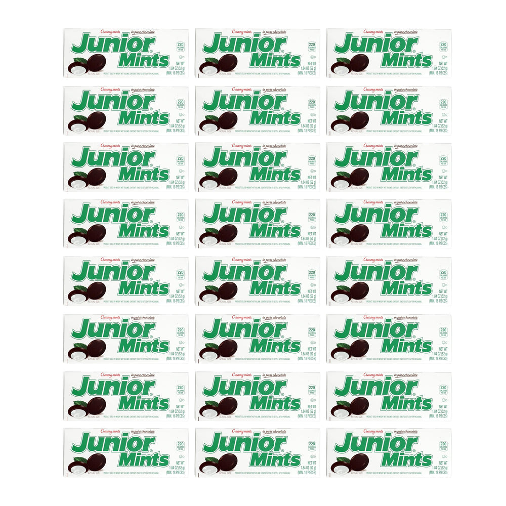 Junior Mints mint centers coated in dark chocolate for a refreshing treat.