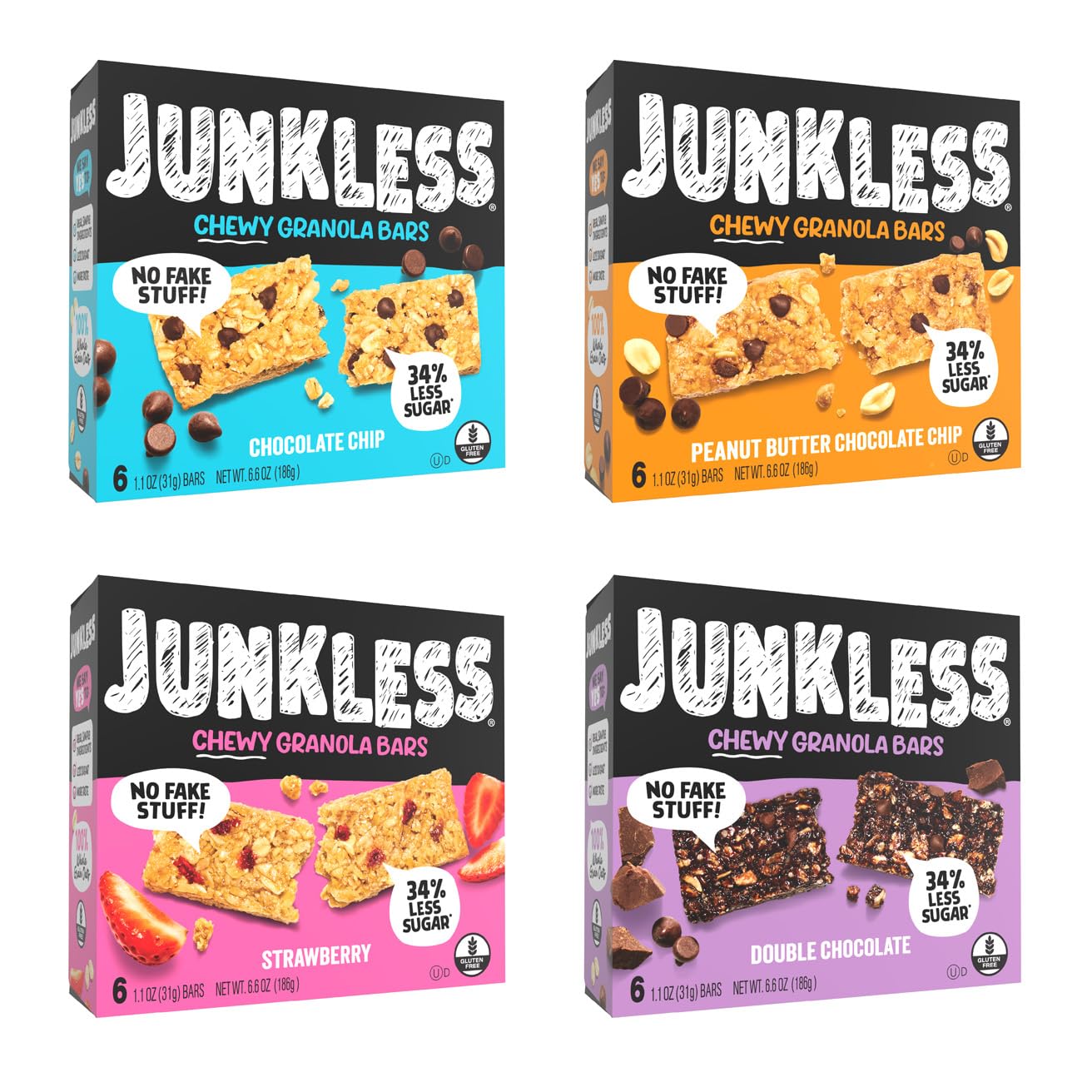 JUNKLESS chewy granola bar chocolate chip pack displayed for grab-and-go snacking
