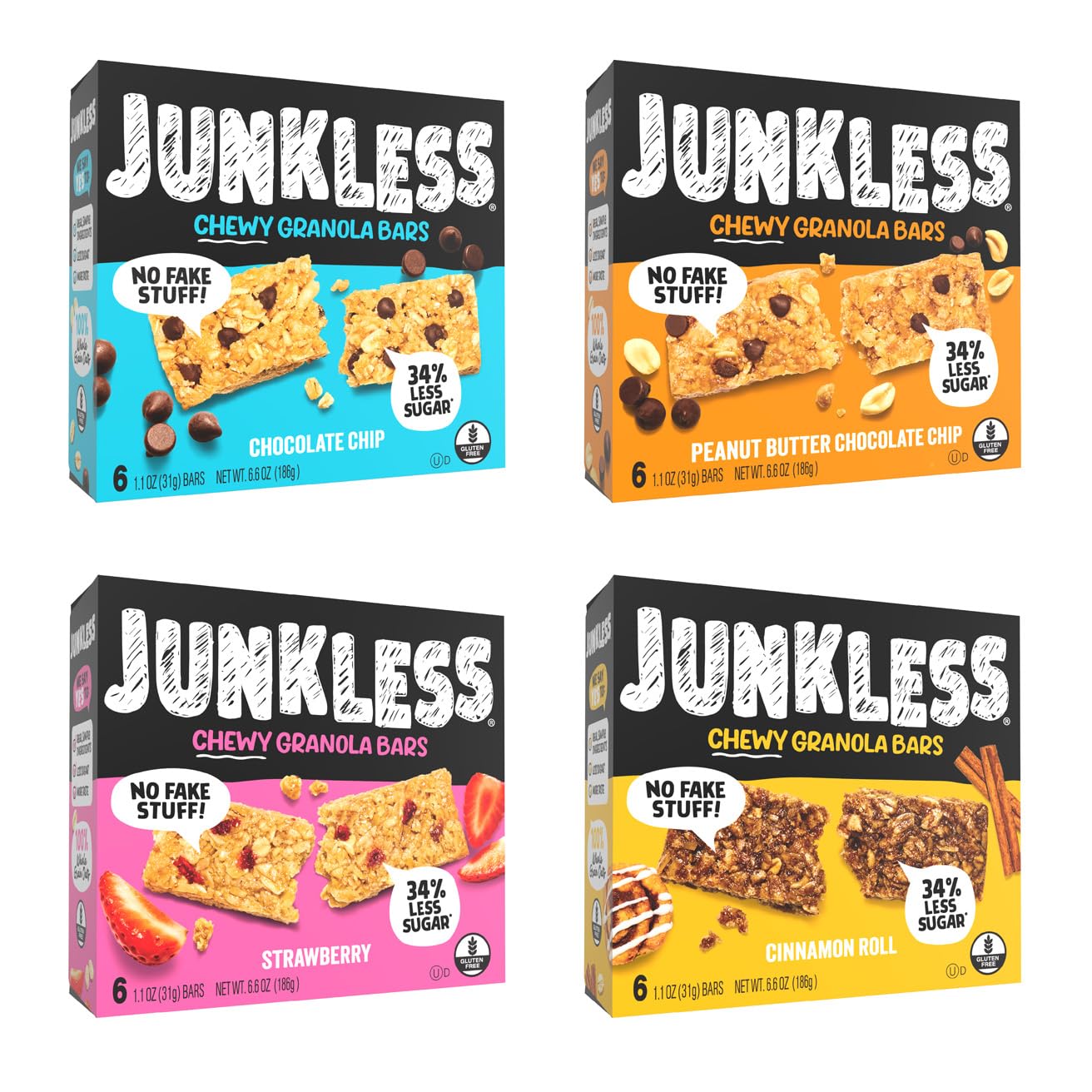 JUNKLESS chewy chocolate chip bar in packaging, ideal for grab-and-go snacking