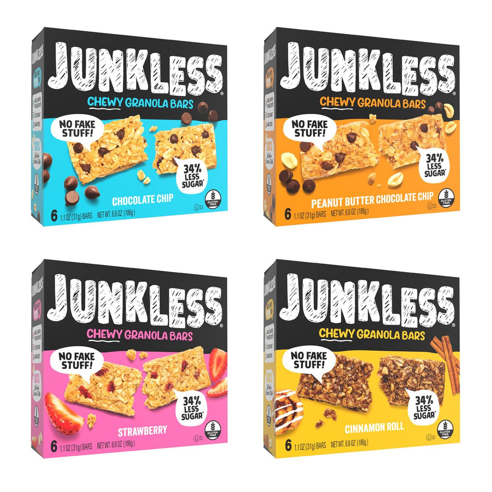 JUNKLESS chewy chocolate chip bar in packaging, ideal for grab-and-go snacking