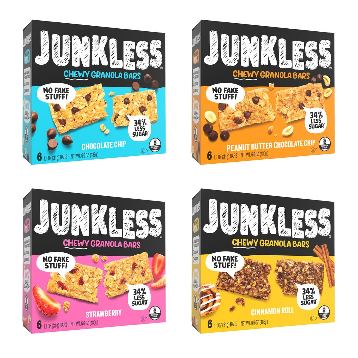 JUNKLESS chewy chocolate chip bar in packaging, ideal for grab-and-go snacking