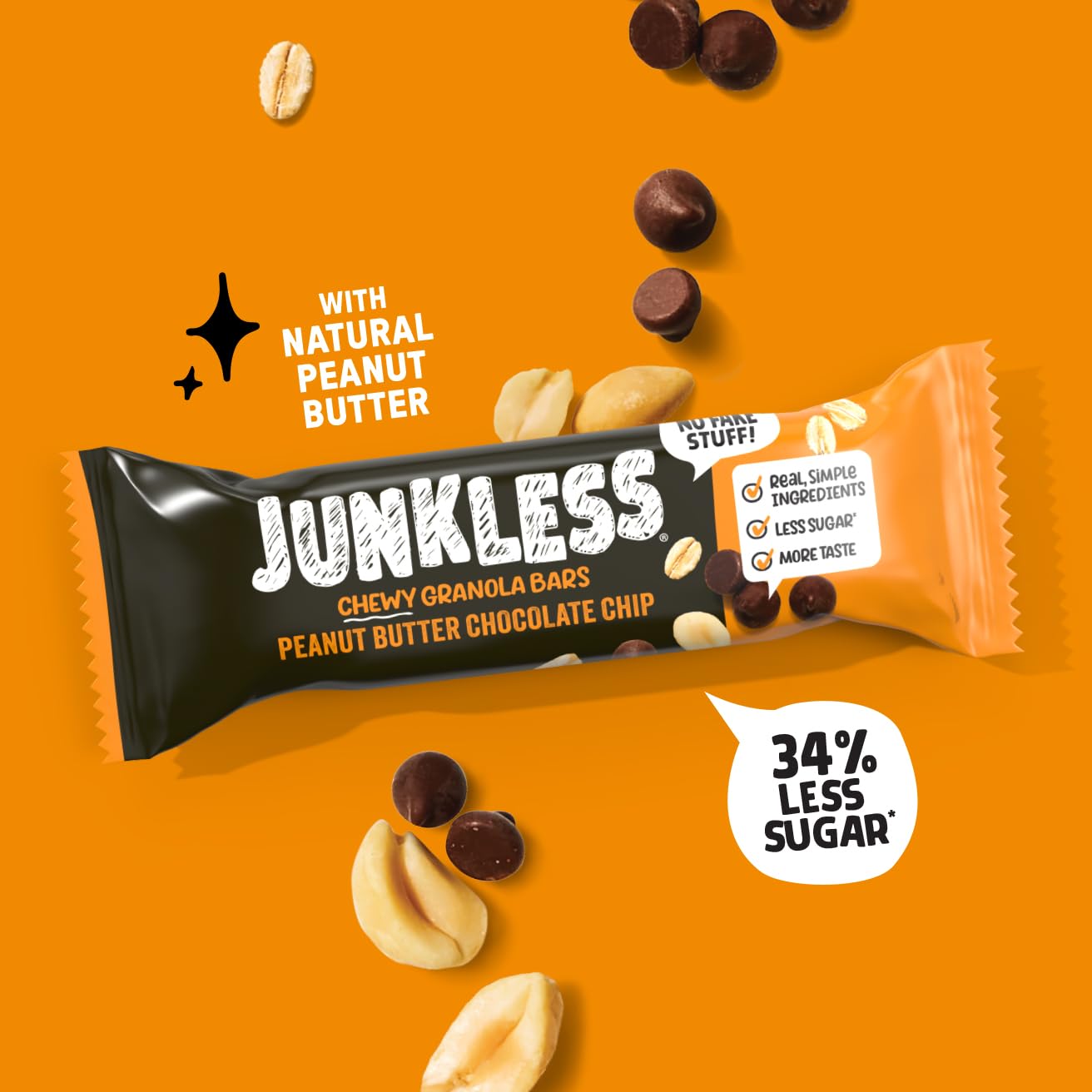 JUNKLESS peanut butter chocolate chip bar with real ingredients for lunchboxes