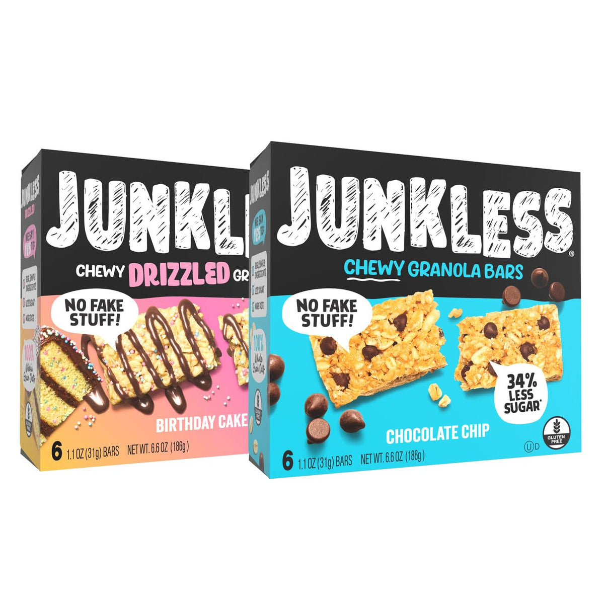 JUNKLESS Chewy Granola Bars Chocolate Chip twin pack ideal for on-the-go snacking.