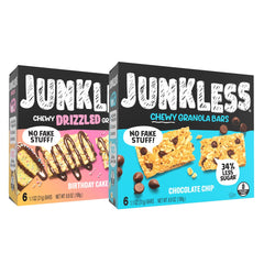JUNKLESS Chewy Granola Bars Chocolate Chip twin pack ideal for on-the-go snacking.