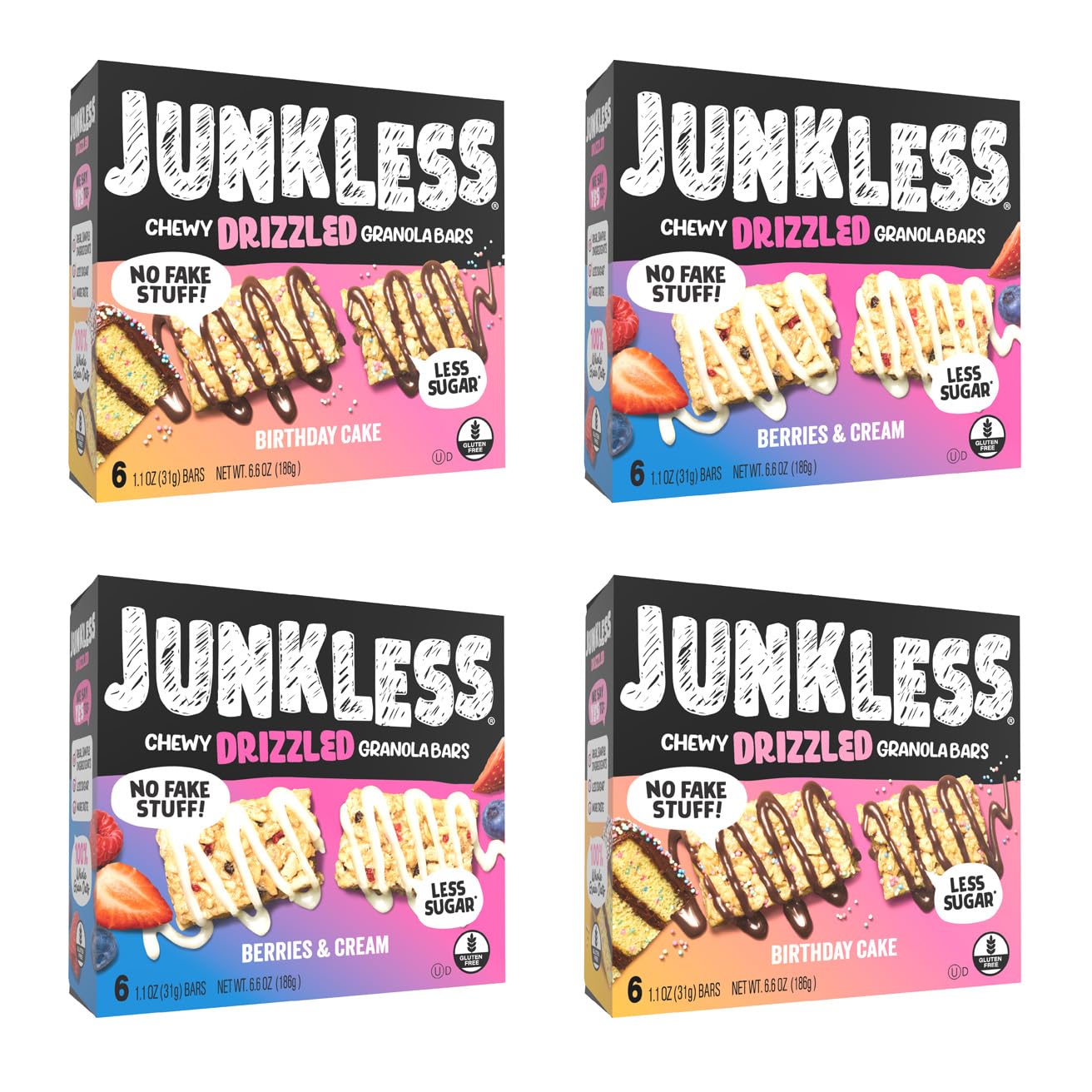 JUNKLESS Drizzled Birthday Cake bar pack shot, perfect for grab-and-go school lunches