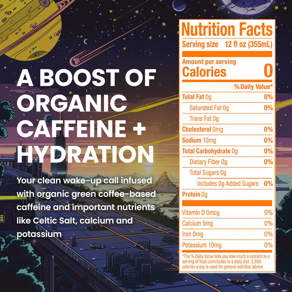 JUNO ENERGY bottle highlighting 125mg organic caffeine from green coffee beans for steady energy.