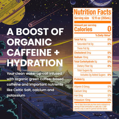 JUNO ENERGY bottle highlighting 125mg organic caffeine from green coffee beans for steady energy.