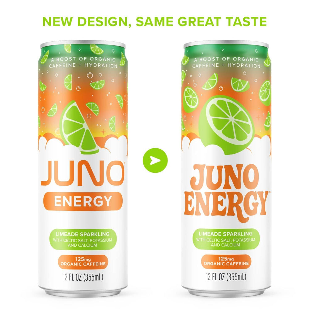 JUNO ENERGY Limeade bottle label notes organic caffeine from green coffee beans.