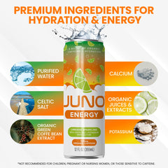 JUNO ENERGY Limeade glass with bubbles highlights electrolyte-rich hydration.