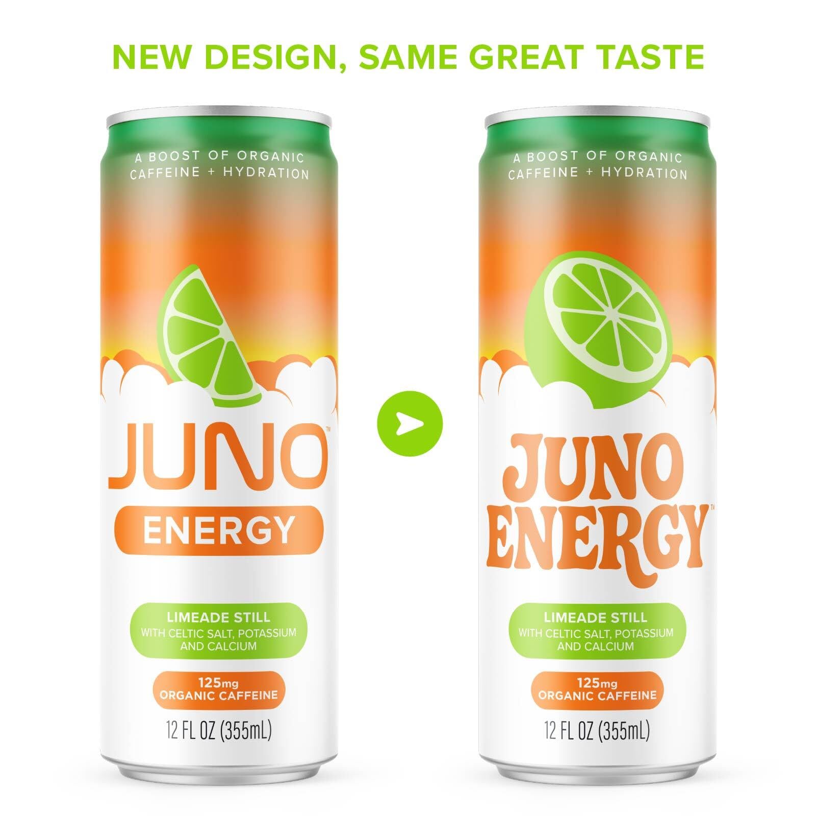 JUNO ENERGY Limeade ingredients panel featuring organic caffeine and lime