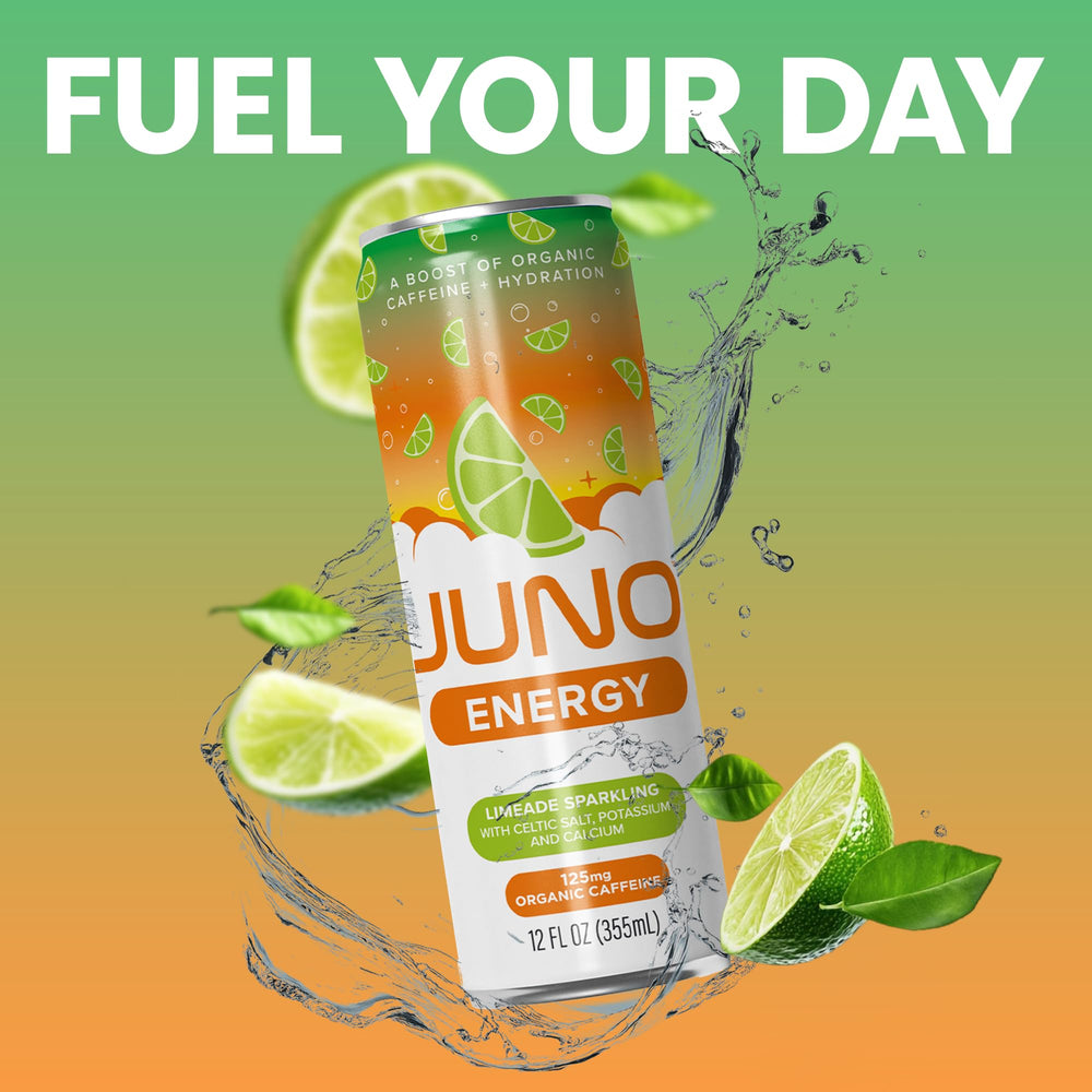 JUNO ENERGY Limeade multi-pack on shelf signals vegan and gluten-free option.
