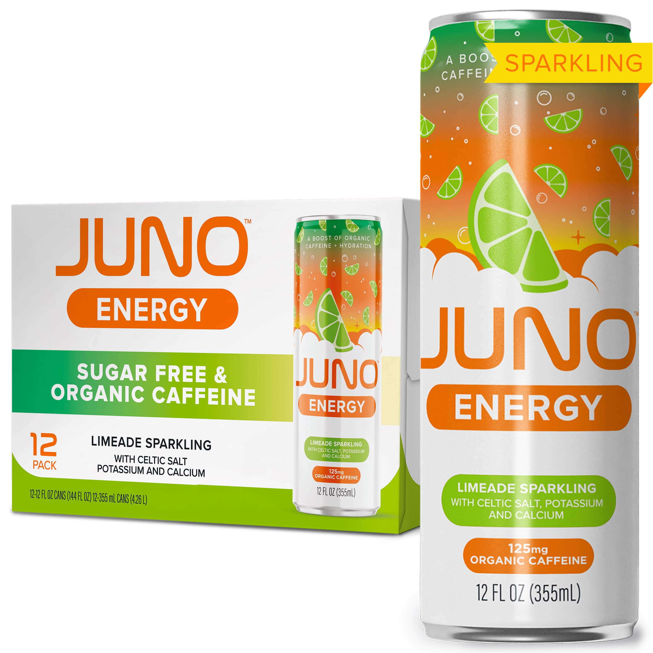 JUNO ENERGY Limeade sparkling bottle for refreshing hydration and steady energy.