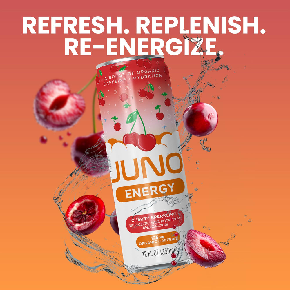 JUNO ENERGY 12-pack display demonstrates convenient multi-pack for on-the-go energy.