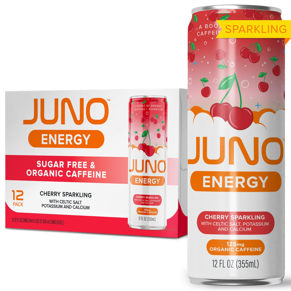 JUNO ENERGY organic cherry sparkling bottle highlights natural caffeine energy lift.