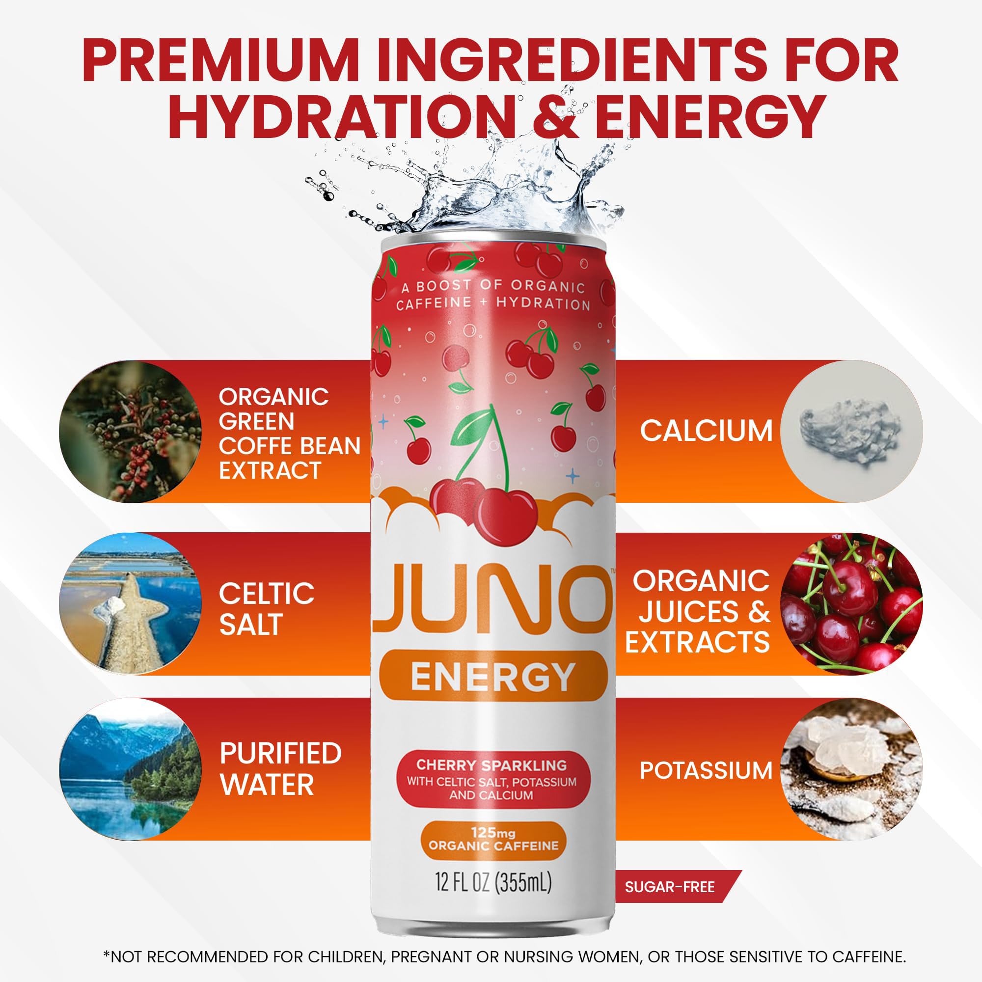 JUNO ENERGY cherry sparkling glass with ice shows refreshing lift on the go.