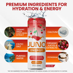 JUNO ENERGY cherry sparkling glass with ice shows refreshing lift on the go.