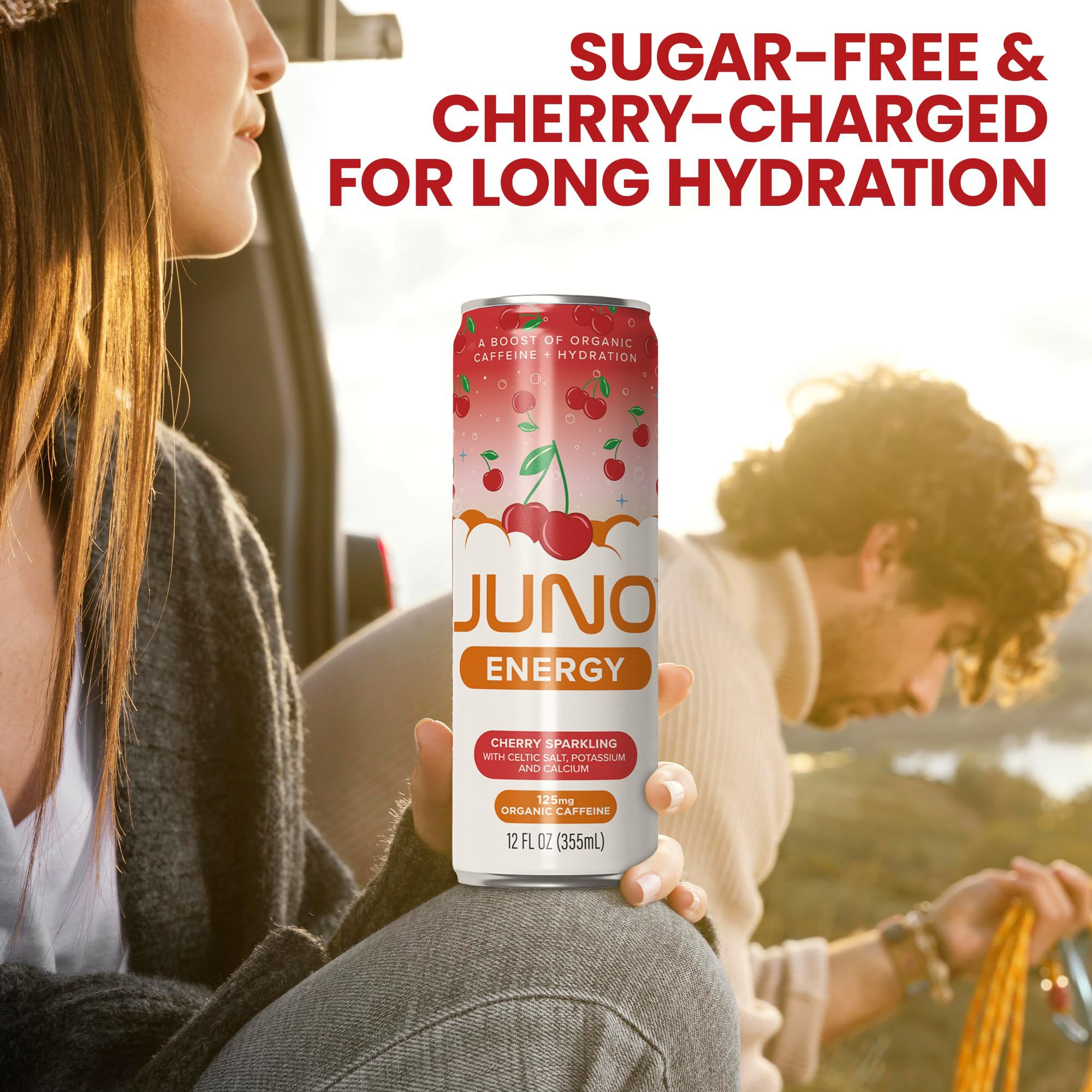 JUNO ENERGY liquid texture image suggests sugar-free cherry flavor and caffeine source.