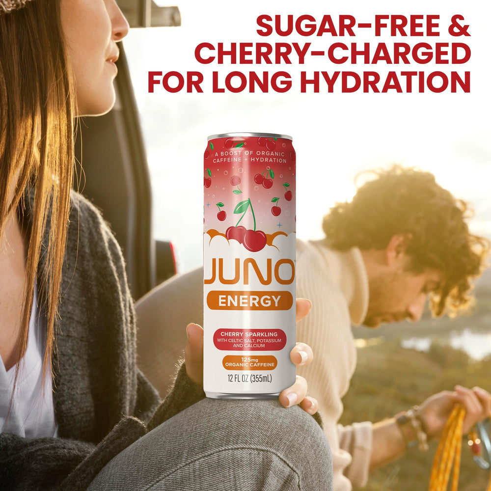 JUNO ENERGY liquid texture image suggests sugar-free cherry flavor and caffeine source.