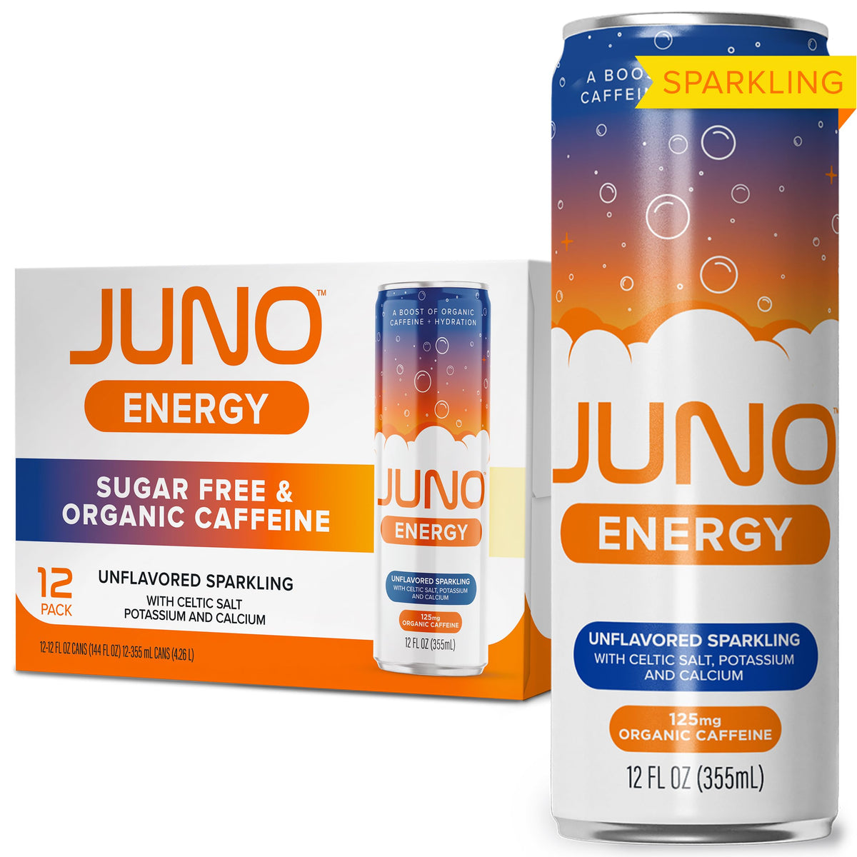 JUNO ENERGY unflavored sparkling water bottle for clean hydration.