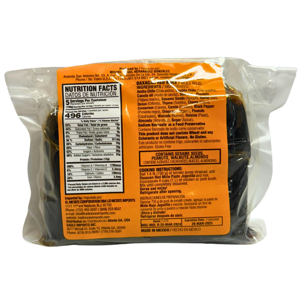 Juquilita Red Mole poured over dish, enhances depth of flavor for meats and vegetables.