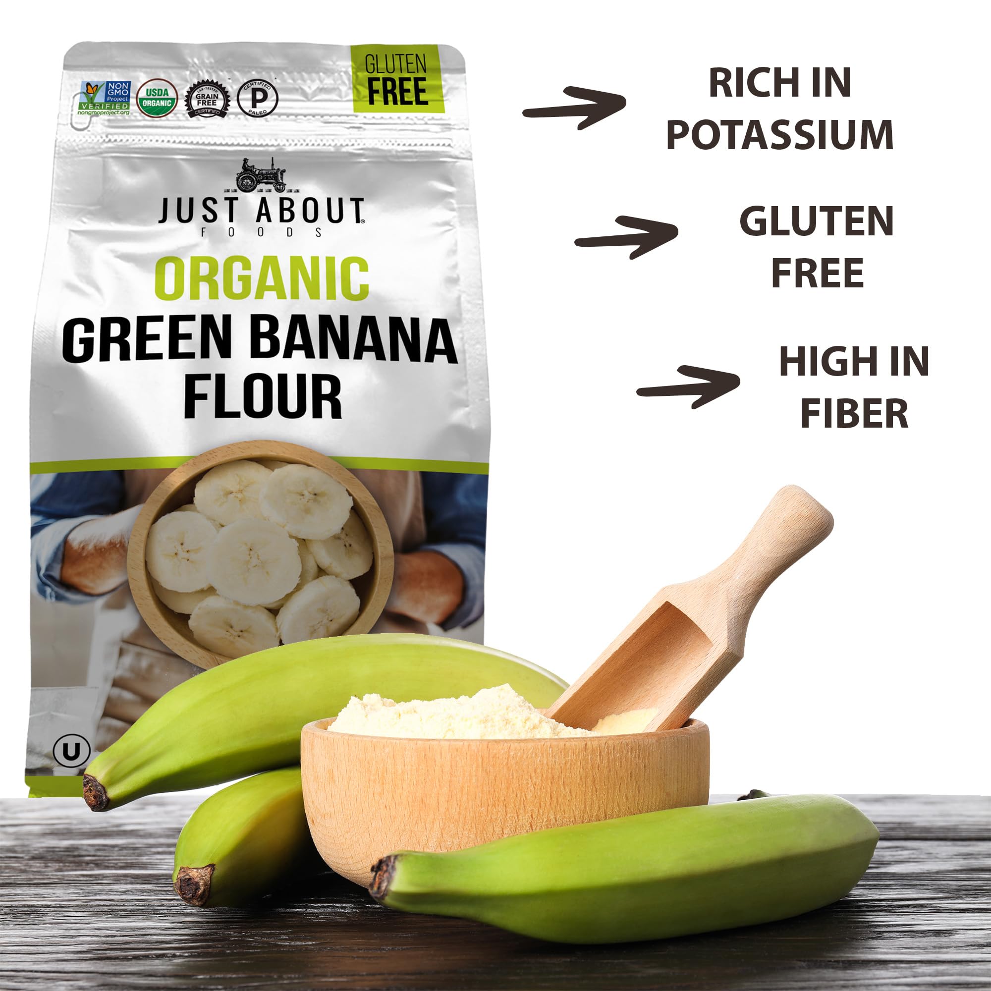 Just About banana flour for muffins and bread, versatile baking base.
