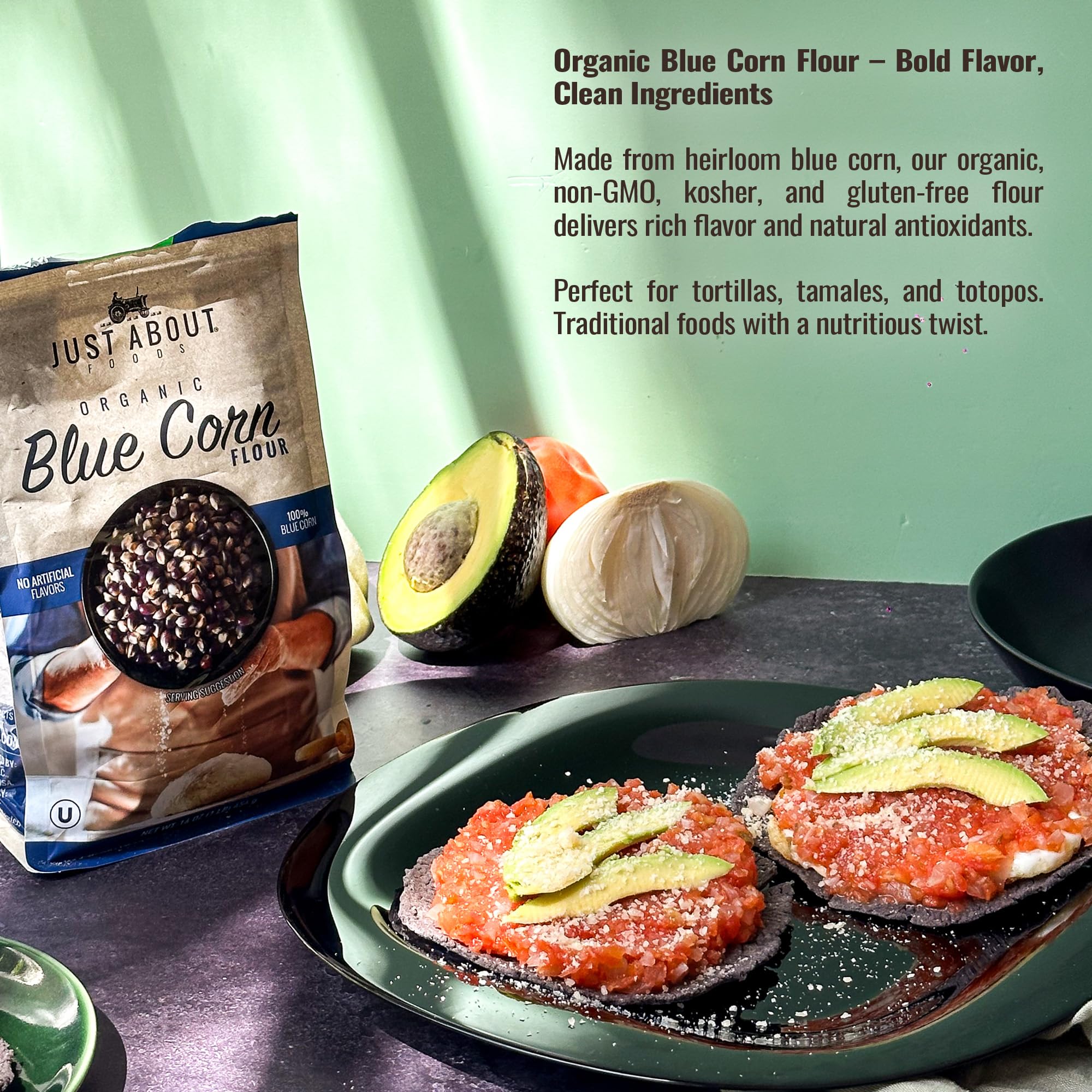 Just About Blue Corn Flour brownies offer dense texture and corn notes.