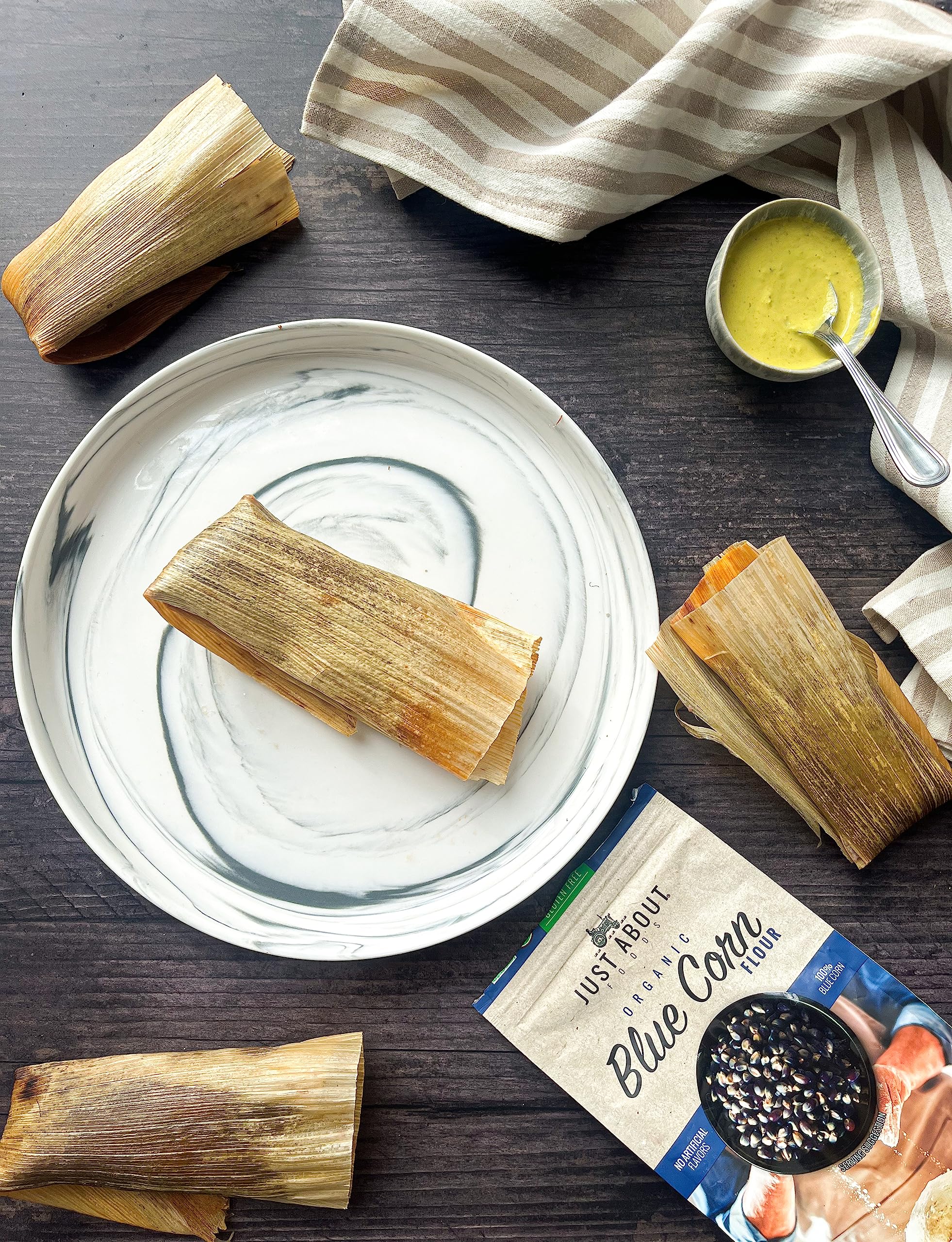 Just About Blue Corn Flour tamales dough forms flavorful wrappers.